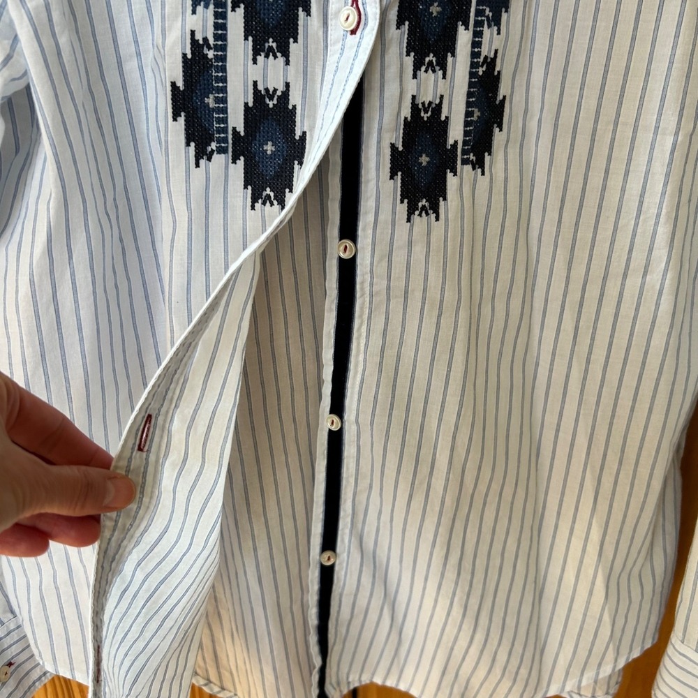 Chaps Top Button Up Aztec Pinstripe Blue White 100% Cotton Women Large - Picture 4 of 7